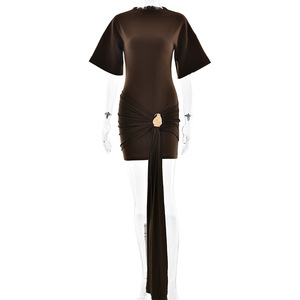 Vestido Mini de Manga Corta Oversize para Mujer con Cintura Fruncida, Detalle de Hebilla Metálica y Cola Larga, Vestidos de Moda - Product Image 6