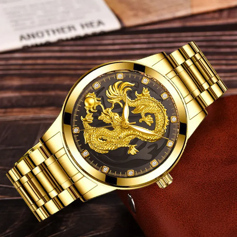 Top Brand Luxe Mannen Quartz Horloge Klassieke Chinese Stijl Reliëf Gouden Draak Horloge Stalen Band Business Mannen Horloge (KWT2240)