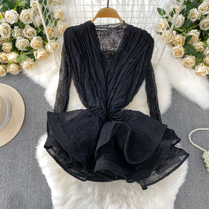 Boutique all'ingrosso 2025 estate nuova moda francese collo a V Sexy in pizzo a maniche lunghe con bordo a volant abito da donna dimagrante - Product Image 3
