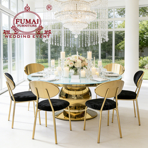 Muebles de Hotel Usados para Bodas de Lujo en Dubái, Mesa de Comedor Redonda de Acero Inoxidable con Base de Titanio Dorado y Vidrio Templado para Uso en Exteriores - Product Image 2