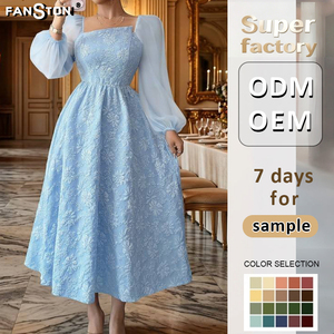 Vestido Nuevo de Estilo Europeo Americano con Volantes y Jacquard, <span class=keywords><strong>Falda</strong></span> Elegante de Gasa <span class=keywords><strong>Azul</strong></span>, Vestido de Cuello Cuadrado de Cintura Alta para Mujer al por Mayor - Product Image 2
