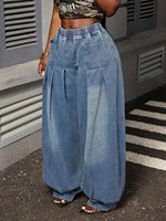 Pantalon plissé bleu à jambe large, taille élastique et franges, style européen, grande taille, coupe oversize, vintage, écologique, lavage enzymatique, collection 2026