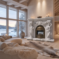 Manteau de cheminée en marbre blanc naturel, sculpté baroque avec motifs floraux en relief, pour décoration de luxe de maison, manoir ou villa.