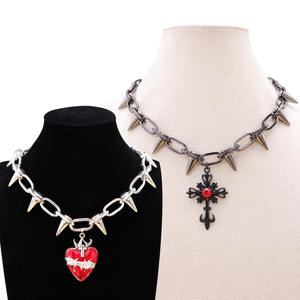 Gothic Studded Necklace Zinc Alloy Spike <b>Chain</b> <b>Cross</b> Heart Pendant Punk Fashion Party Jewelry - Product Image 1
