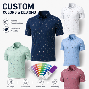 Custom Printed Golf Polo Shirts Men <b>Navy</b> Abstract Line Pattern Short Sleeve Private Label OEM ODM Manufacturer - Product Image 2