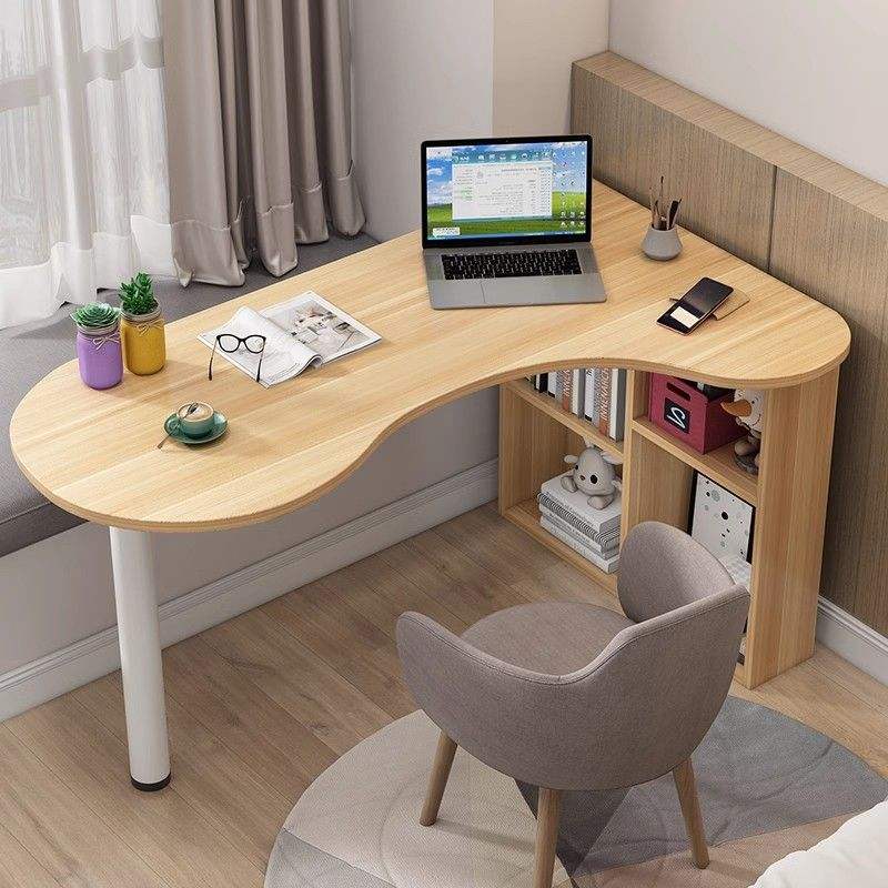 Wood Corner Desk Curved Computer Desk with Bookcase Nordic Style ...