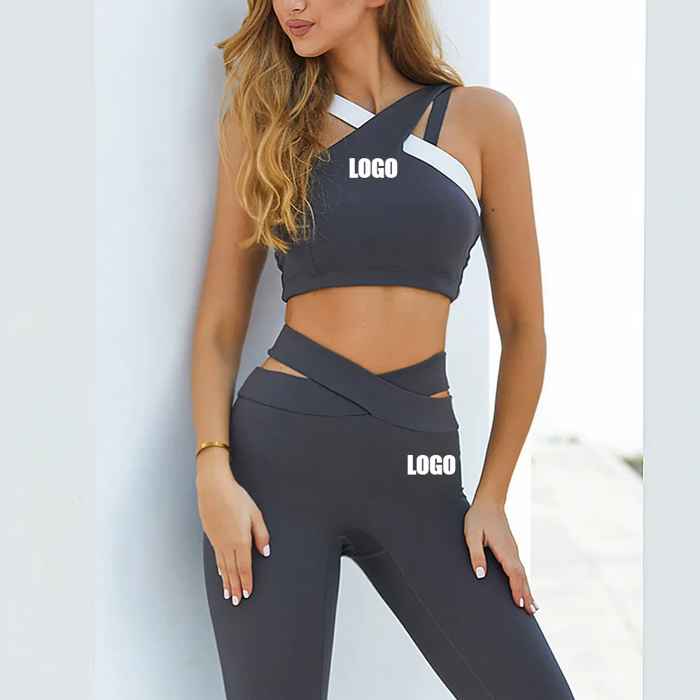 Conjunto esportivo feminino contraste, top leggings fitness respirável para secagem rápida, academia