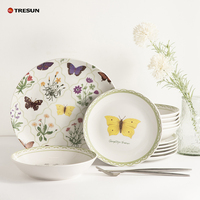 Service de table en porcelaine Tresun Vajilla Vaisselle, 18 pièces, design élégant de plantes, papillons et fleurs, style classique, finition sous glaçure