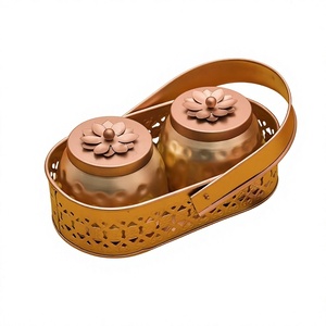 Metal Floral Decorative Tray Set With 2 Jars Oval Metal Handicraft Traditional Design Handle finish tray <b>rustic</b> finish tray - Product Image 1