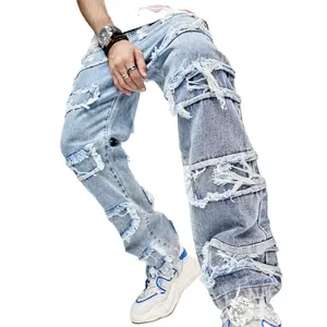 Moda Jeans Slim Fit Masculina Personalização Atacado Tubo Reto Moda Jeans Perfurado dos homens