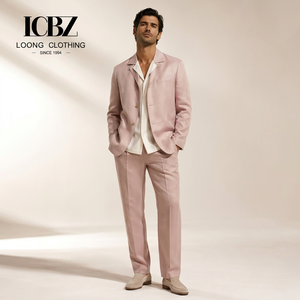 Traje de <span class=keywords><strong>dos</strong></span> piezas de lino rosa empolvado para hombre, diseño ODM personalizado, solapa de muesca, estilo moderno, para bodas de verano, fabricante mayorista. - Product Image 1