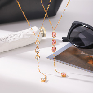 18K Gold Plated Stainless Steel Y Shape <b>Necklace</b> White Pink Zircon Anti Fade Fashion Chain Jewelry For Women - Product Image 3