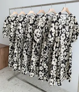 Women New Arrival Muti Print Fashion Custom Ladies Elegant Linen Cotton Summer V Neck Big Floral Print Midi Dress