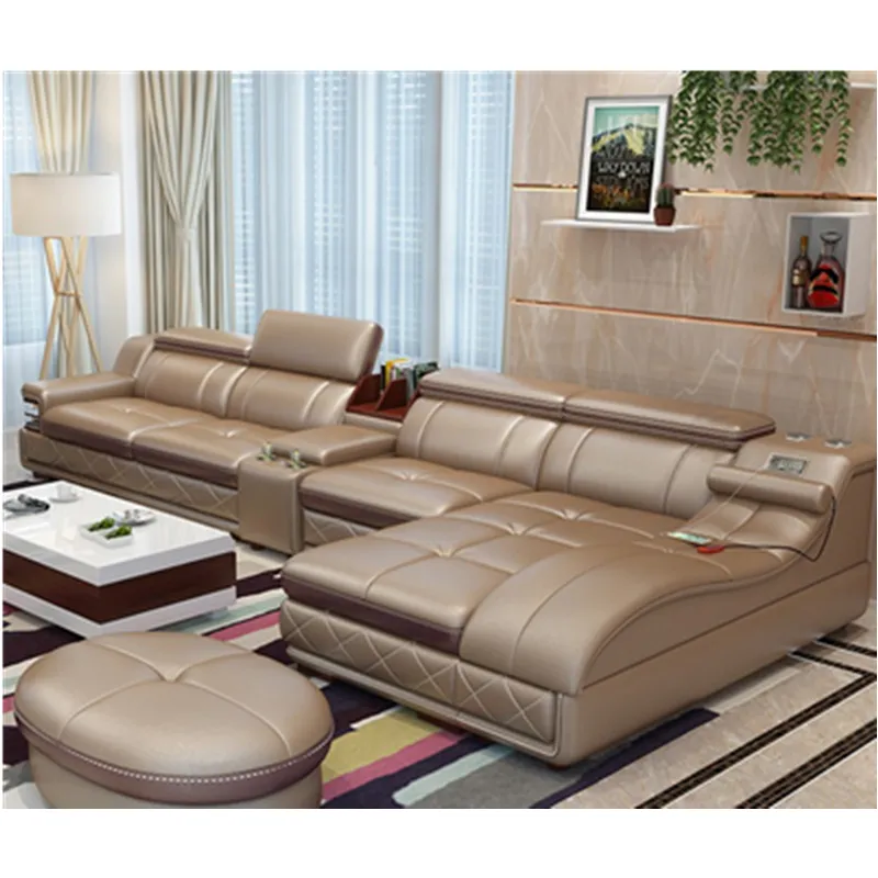 Goud Bruin Woonkamer Top Grain Echte Koe Lederen Sofa Massage Functie Sofa Set Speaker Sofa