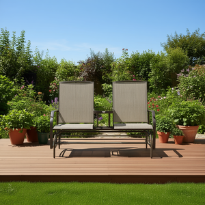 Sillón mecedora doble para exteriores, color marrón, con mesa central, malla transpirable, para patio, jardín o terraza. - Product Image 2