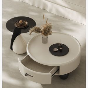 Cream Colored Solid Wood <b>Coffee</b> <b>Table</b> With Drawer For Living Room And <b>Small</b> Apartments Minimalist Design 2025 New Style - Product Image 1