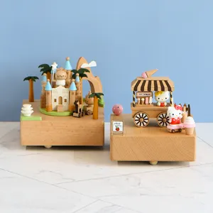 Caja de música de madera de haya estilo mecánico, cajas de música con adornos de animales para el hogar