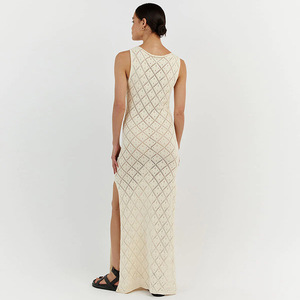 Vestido sin mangas de cuello alto de <span class=keywords><strong>dos</strong></span> <span class=keywords><strong>colores</strong></span> Lados divididos Ahueca hacia fuera <span class=keywords><strong>Crochet</strong></span> Beach Cover Ups Vestido maxi de punto - Product Image 2