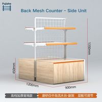 Ensemble combiné comptoir îlot en maille métallique, table de présentation en grille métallique avec étagères réglables, armoire à base en bois pour magasin d'alimentation