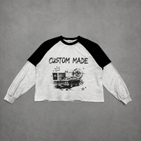 T-shirt homme personnalisé à impression DTG, coupe ample, effet vieilli, délavé à l'acide, double couche, manches longues raglan