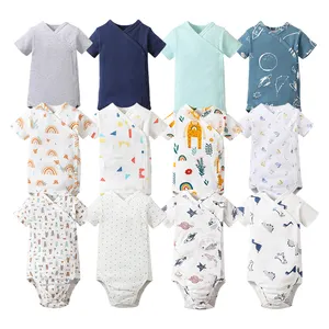 Custom Printed New Born Baby Clothes Short Sleeve Bodysuit Baby Side Romper Kimono Baby Onesie