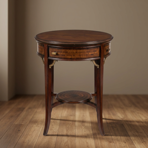 Table basse ronde en bois massif indonésien traditionnelle mobile avec tiroir de rangement et étagère inférieure, design antique pour salon - Product Image 4