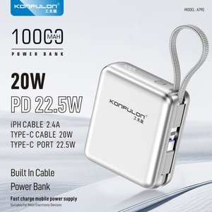 KONFULON Power Bank 10000mAh Li-Polymer con Cavo Integrato, Ricarica Rapida 22.5W, Portatile per Uso Esterno - Product Image 2