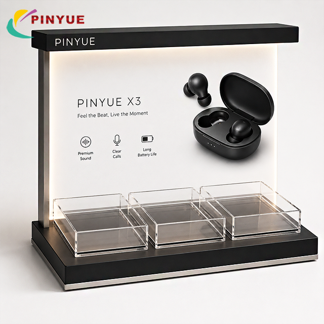 Custom Acrylic LED Countertop Display Stand Retail Store Props Illuminated Showcase Rack for Wireless Earbuds Electronic Product