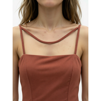 Robe midi marron unie en satin tissé à col carré et volants, taille naturelle, coupe évasée, Printemps-Été pour Femme