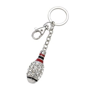 Portachiavi a forma di birillo da bowling in cristallo con strass, catena e chiusura tono argento per auto o borsa - Product Image 1