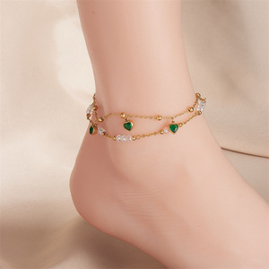 Vintage Emerald Heart Two Layers Anklet Gold Plated Stainless Steel Transparent Crystal Bead Tiny Ball Charm Beaded Anklet - Product Image 1