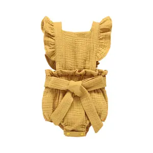 Summer Kids Baby Girls Solid Muslin Clothes Infant Bowed Jumpsuit Ruffle Backless Romper Bubble Sunsuit