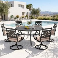 Table de jardin ronde pour 6 personnes, 54 pouces, grande table en métal inoxydable avec trou pour parasol, résistante aux intempéries, pour cour et parc
