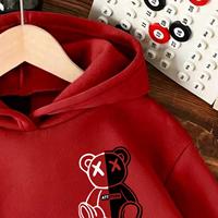 Sweat à capuche décontracté et chaud pour garçons, motif ours de dessin animé à yeux noirs et blancs, imprimé au dos, idéal pour l'hiver, personnalisable