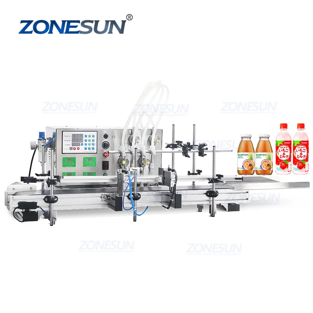 ZONESUN 4 ugelli pompa magnetica riempitrice automatica da tavolo per acqua liquida CNC con trasportatore 110V-220V per riempitrice di profumo