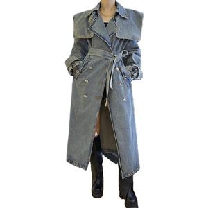 女式牛仔风衣牛仔外套2023春秋冬季双排扣系带宽松长牛仔裤时尚 - Product Image 1