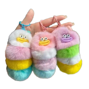 Y2K Colorful Rabbit Fur Pendant Keychain Soft Plush Cartoon Pompom Clown Backpack Decor Big Mouth Sausage Keyring