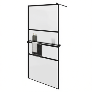 Paroi de douche noire avec porte coulissante 45,3x76,8 pouces en verre ESG, cadre en aluminium avec étagère, design minimaliste pour salle de bain - Product Image 1