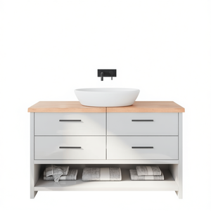 Meuble-lavabo de salle de bain moderne et minimaliste de 55,1 pouces de large en bois massif avec tiroirs et lavabo en céramique, finition brun clair - Product Image 1