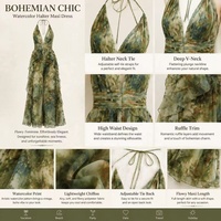 Robe longue vintage tie-dye sur mesure 2026 pour femme, style plage, avec bretelles halter et bords volantés, idéale pour l'été