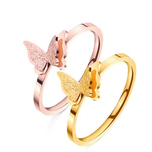 Оптовая продажа розовое золото бабочка матовый кольцо ювелирных изделий золотое покрытие, не тускнеет тонкие "Бабочка" из нержавеющей стали кольцо для женщин