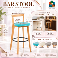 Tabouret de bar moderne en bois massif avec siège rembourré, dossier en lattes de bois, repose-pieds en métal, anneau gris bleu, tabouret de bar pour café