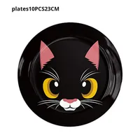 Ensemble de vaisselle jetable en papier pour anniversaire, motif chat noir et blanc, avec assiettes, gobelets, serviettes et nappe