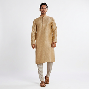 <b>Men's</b> Beige Cotton <b>Kurta</b> With Stylish Simple Elegant Design Traditional Wedding Wear <b>Kurta</b> India Pakistan Style Regular Fit - Product Image 1