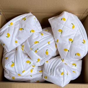 Organizador de artículos de tocador estilo coreano, ideal para Instagram, linda bolsa de maquillaje de algodón acolchado con estampado de limones y fresas, bolsa de aseo portátil. - Product Image 1