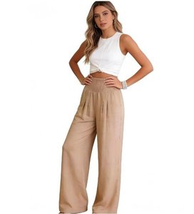 Plus Size 3XL Summer New Women Cotton Linen Wide Leg Pants Casual Loose Fit Solid Color High <strong>Waist</strong> with Drawstring Beach <strong>Trouser</strong> - Product Image 3