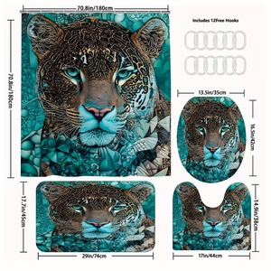 Rideau de douche en polyester motif visage de jaguar orné bleu sarcelle, impression numérique personnalisée, imperméable, vente en gros, moderne - Product Image 4