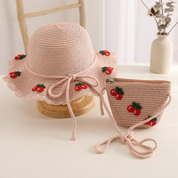 Conjunto de Sombrero de Paja de Ala Ancha y Bolso de Hombro con Diseño de Cerezas de Verano, para Adultos, Casual, para Viajes al Aire Libre, con Rayas, Lindo, Unisex, 3D