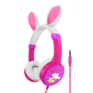 Audífonos supraaurales con cable, sonido estéreo, control de botones, almohadillas blancas y orejas de conejo rosas para niños - Product Image 2