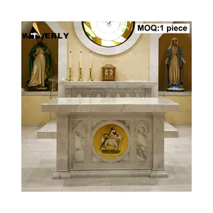 Mobiliário de altar esculpido em pedra natural para decoração interna personalizada, produto de igreja católica, mesa de mármore para altar